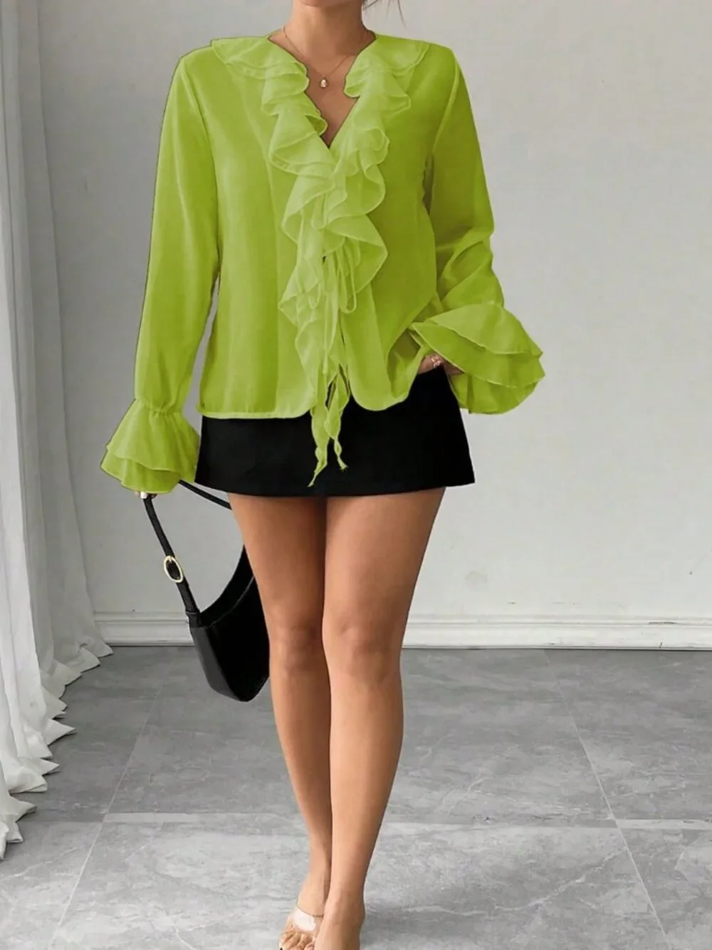 Green Casual Women's Chiffon Lantern Sleeve V-Neck Tie Front Loose Blouse - Picture 3 of 6